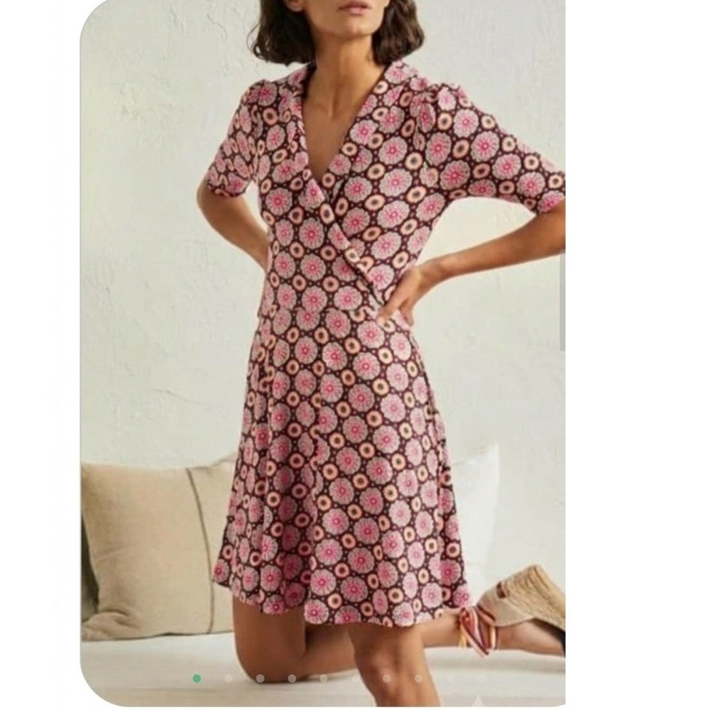 Boden Fixed Wrap Dress 14R Red Black Floral Geometric Opulent Bloom